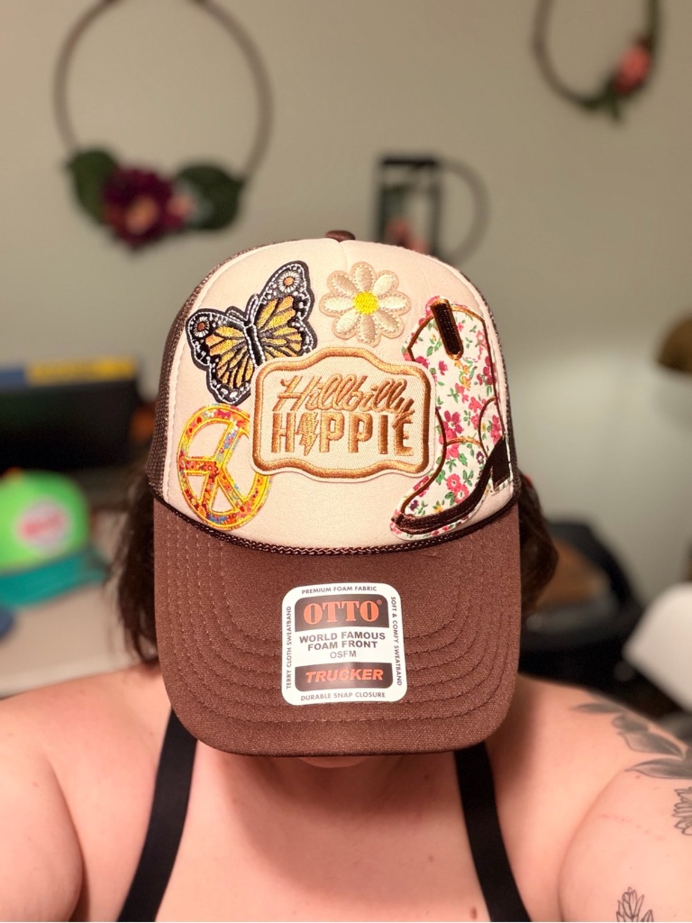 Hillbilly Hippie Floral Patch Trucker Hat - Brown & Pink